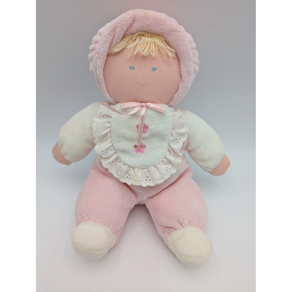 Eden Baby Doll Plush Pink White Flowers Ruffle Bib Velour Lace 10 Inch
